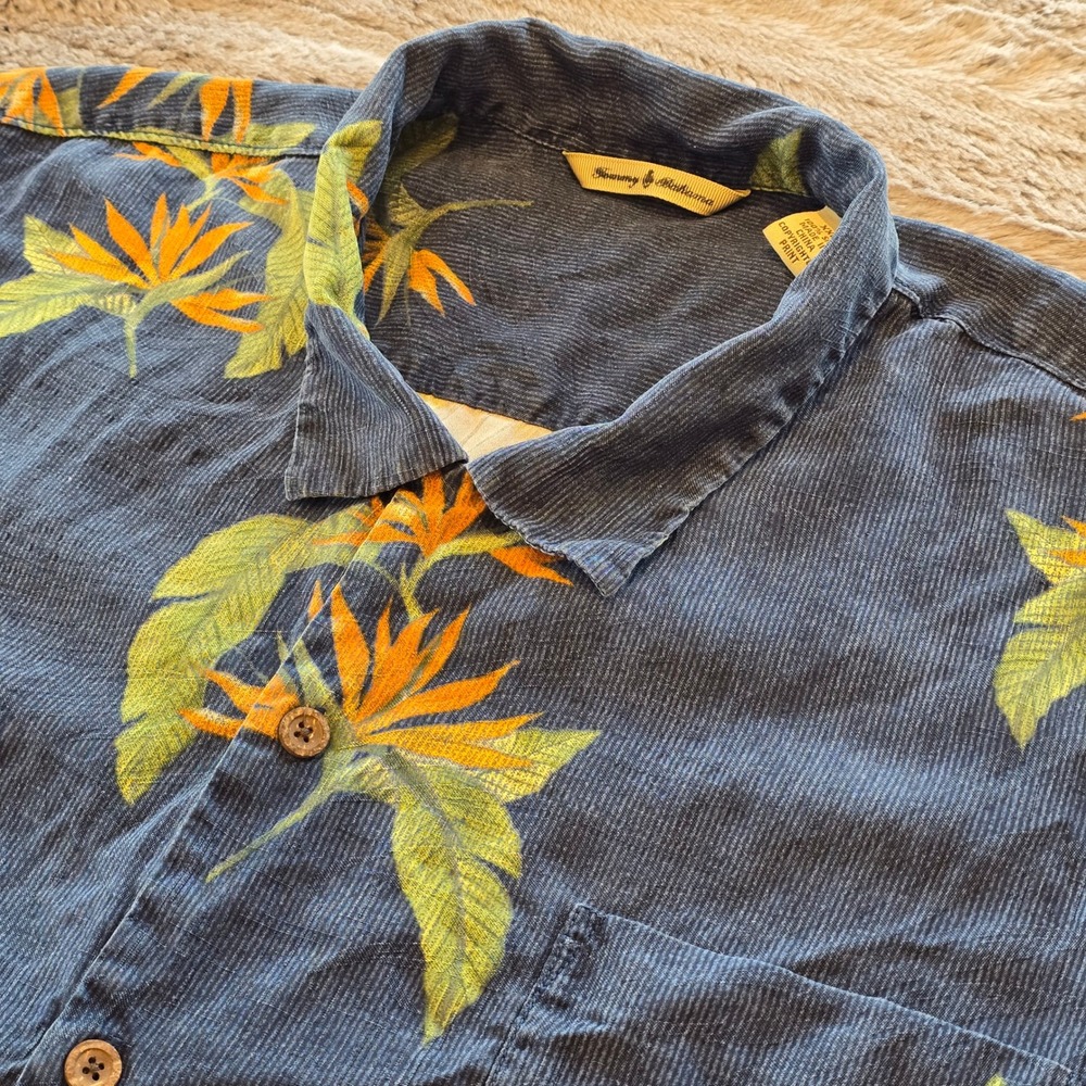 Tommy Bahama Mens XXL Silk Bird of Paradise Floral Camp Shirt Navy Blue SS